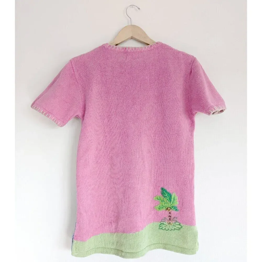 Quacker Factory Flamingo Tropical Novelty Embroidered Knit Top Pink Blue Small S